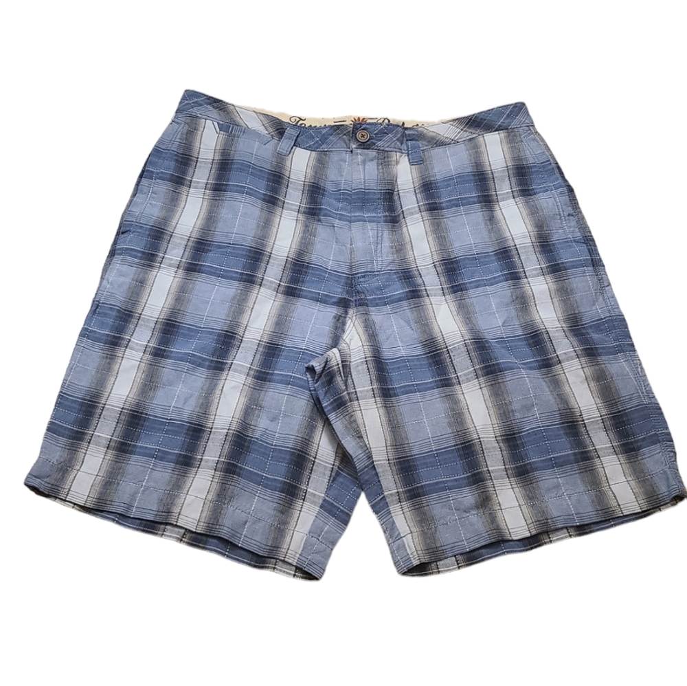Tommy Bahama Men's 35" Paradise Nation Blue Plaid Linen & Silk Flat Front Shorts